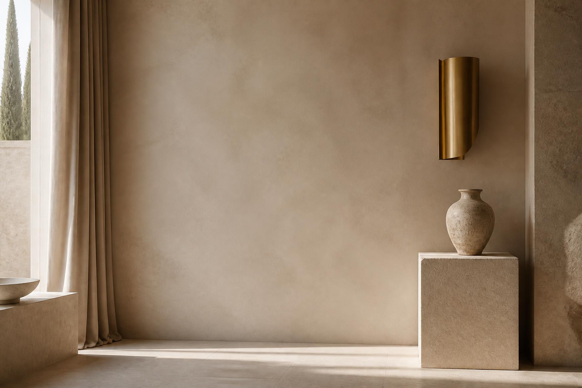 A warm plaster interior with a brushed brass wall light and a ceramic vessel on a limestone plinth