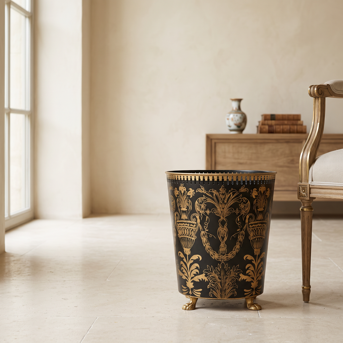 MEDIUM SIZE The Milanese Grandeur Waste Gallery – Hand-Painted Ornate Bin / indoor planter