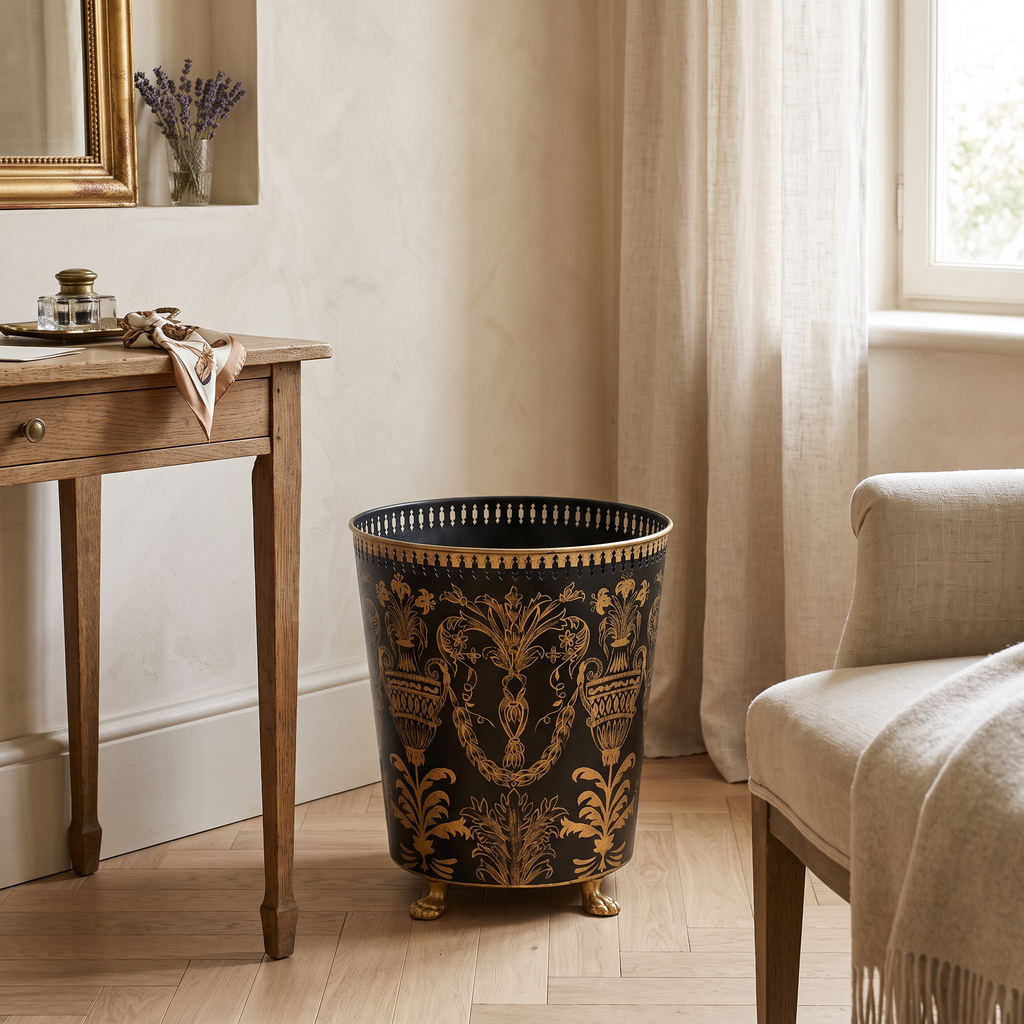 MEDIUM SIZE The Milanese Grandeur Waste Gallery – Hand-Painted Ornate Bin / indoor planter