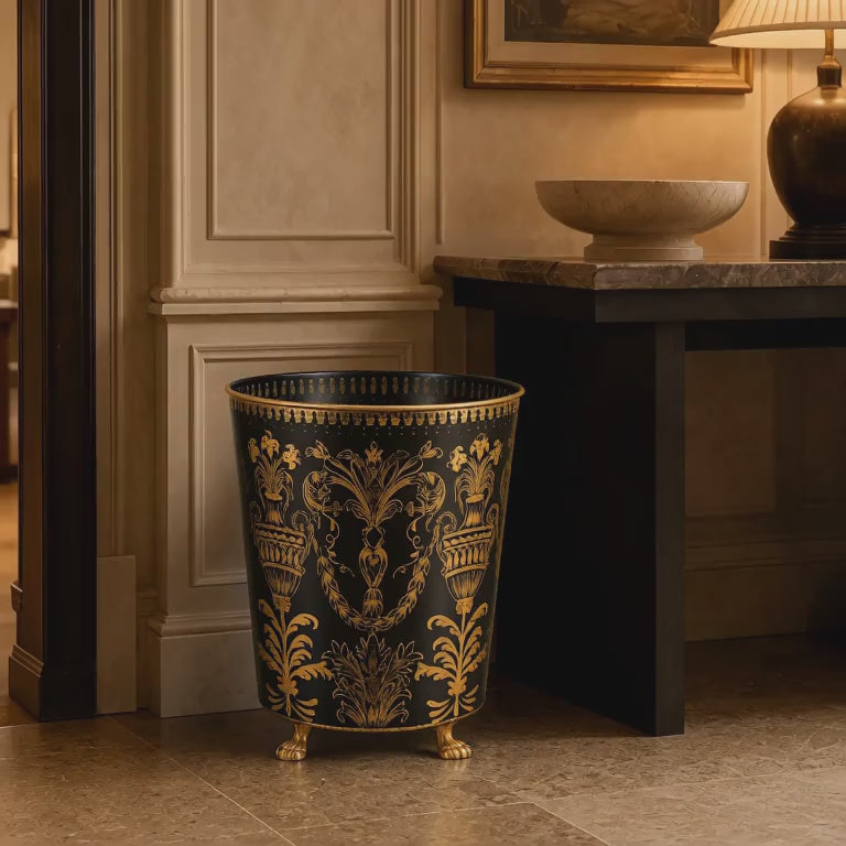 MEDIUM SIZE The Milanese Grandeur Waste Gallery – Hand-Painted Ornate Bin / indoor planter